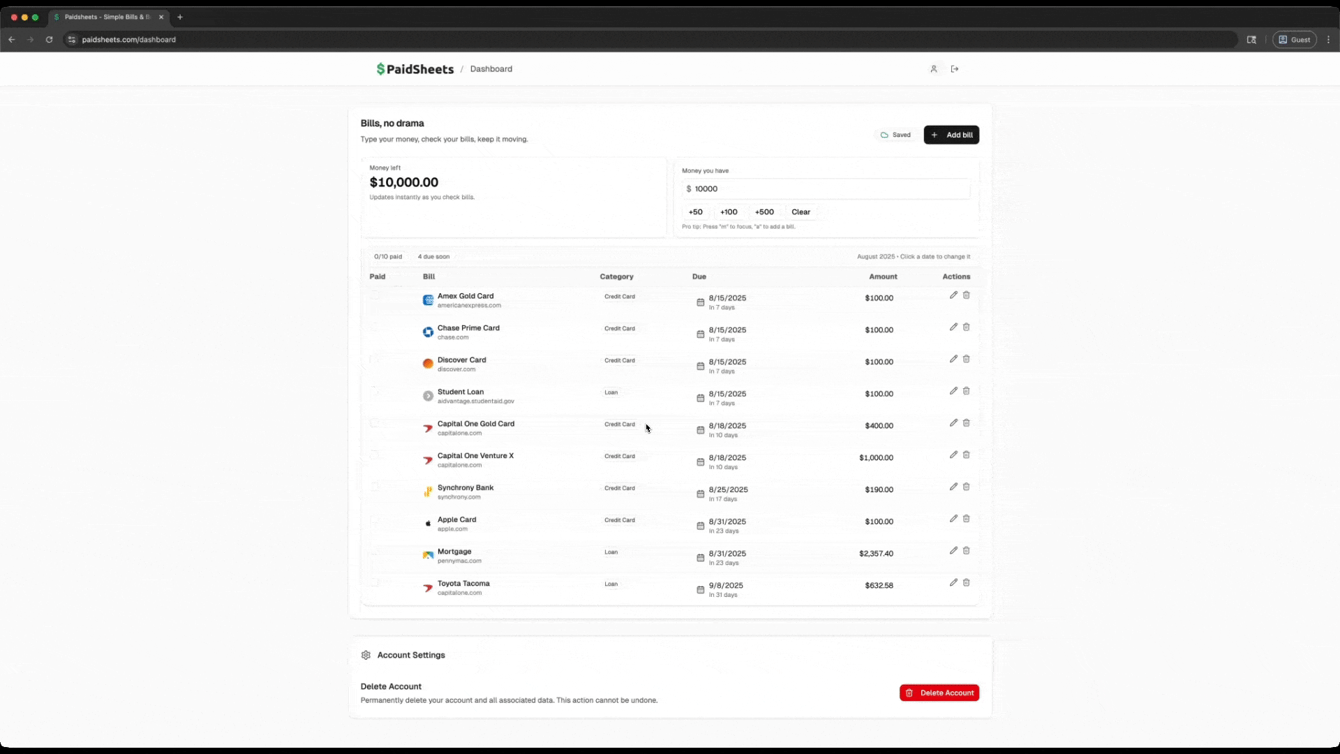 Preview of paidsheets dashboard